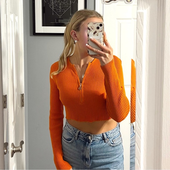 Tory Burch Orange Cropped Ribbed Sweater - Picture 1 of 6